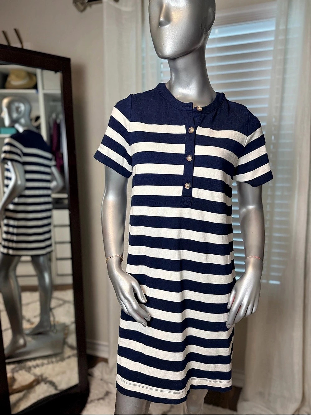 LOFT Navy White Striped Henley Mini Shirt Dress Medium Short Sleeve Preppy